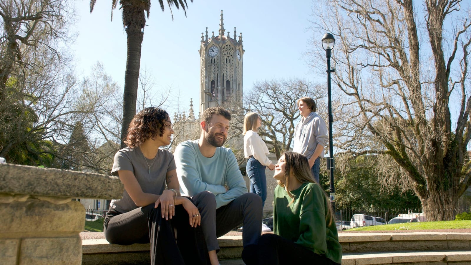 Auckland University students with iconic Clock Tower